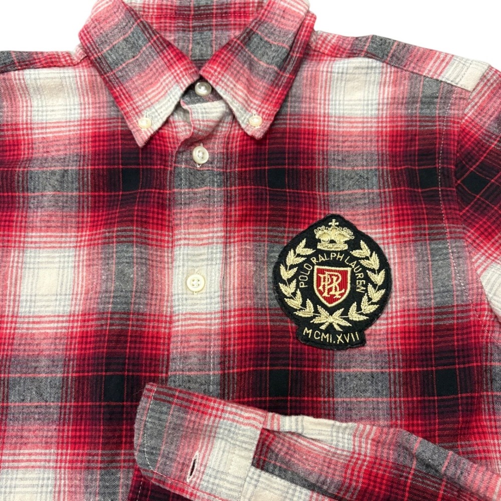Polo Ralph Lauren Womens Red Plaid Flannel Shirt Crest Patch Logo Slim XS